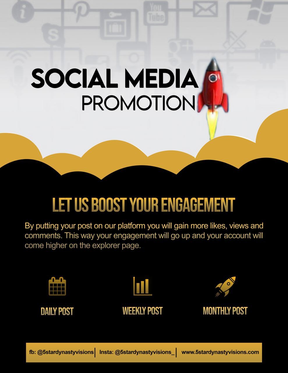 5 Star Dynasty Visions will help you with your social media promotions for all platforms, aiming to bring your platform to the explorer page and generate more organic traffic.