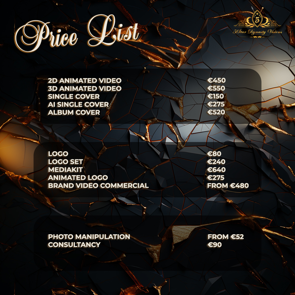 Our price lists are based on experience and a specialized approach to creating your graphic content at a top-tier level in AI, 4D, and 3D for logos and media packages. In all our packages, the customer always receives the complete files: JPEG, PNG, vector files, and mockups, allowing the customer to print and have the original files available. Additionally, we provide consultancy services and create video graphic content.